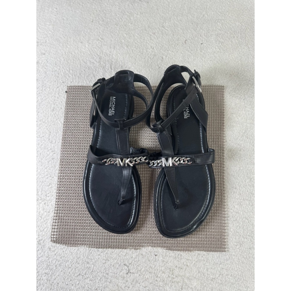 Michael Kors T-Strap Sandals Womens 9.5 Black Good Silver MK Chain WM20C